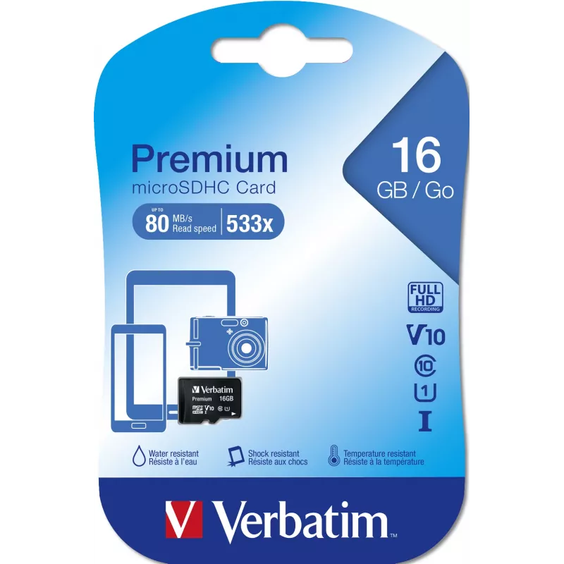 MicroSDHC Verbatim Premium 16 GB Class 10 μαύρο 44010