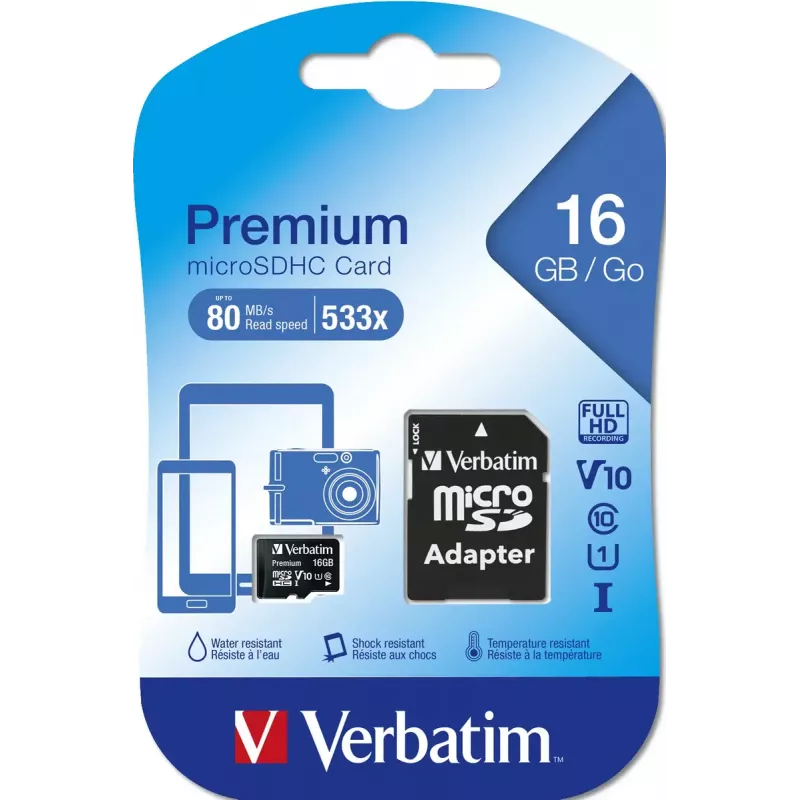 MicroSDHC Verbatim Premium 16 GB Class 10 μαύρο