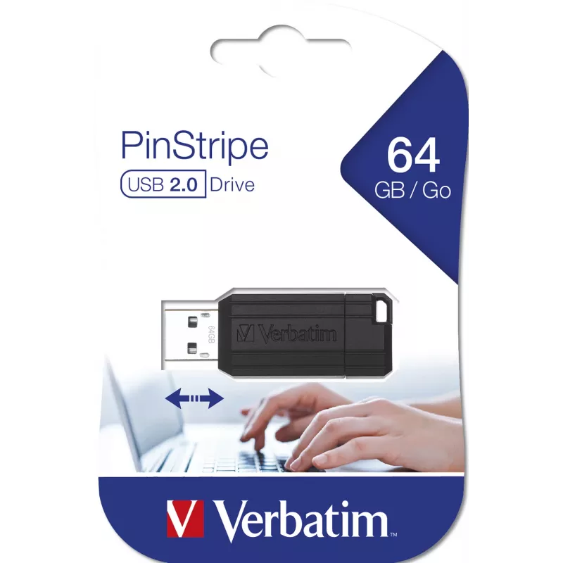 Verbatim PinStripe - μονάδα USB 64 GB - μαύρο, 64 GB, USB Type-A, 2.0, 10 MB/s, Slide, μαύρο