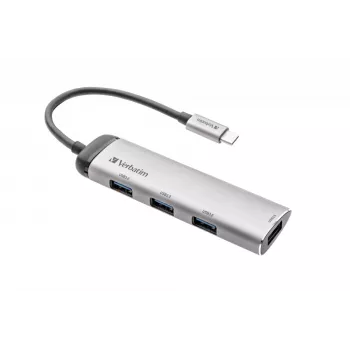 Verbatim USB-C Multiport Hub, τέσσερις θύρες USB 3.2 Gen 1, USB 3.2 Gen 1 (3.1 Gen 1) Type-C, USB 3.2 Gen 1 (3.1 Gen 1) Type-A, 5000 Mbit/s, γκρι, αλουμίνιο, πλαστικό, 0,15 m