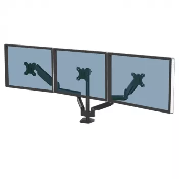 Fellowes Platinum Series τριπλός βραχίονας οθόνης – βάση οθόνης για τρεις οθόνες 7 kg 27 ιντσών – ρυθμιζόμενη τριπλή βάση οθόνης γραφείου – κλίση 45°, περιστροφή 180°, στροφή 360°, VESA 75 x 75/100 x 100 – Μαύρο