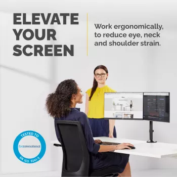 Fellowes Reflex Βραχίονας διπλής οθόνης – Βάση διπλής οθόνης για οθόνες 8 kg 27 ιντσών – ρυθμιζόμενη βάση οθόνης γραφείου – Κλίση 45° Περιστροφή 180° Περιστροφή 360°, VESA 75 x 75/100 x 100 – Μαύρο