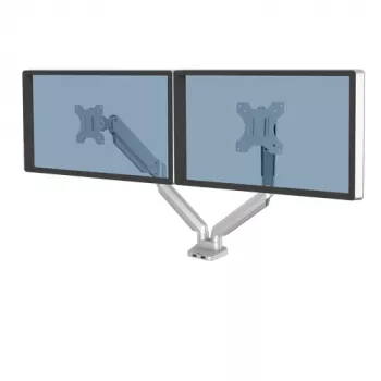 Fellowes Platinum Series Βραχίονας διπλής οθόνης - Βάση οθόνης για δύο οθόνες 8 kg 40 ιντσών - Ρυθμιζόμενη βάση διπλής οθόνης γραφείου - Κλίση 45° Περιστροφή 180ᵒ Περιστροφή 360ᵒ Περιστροφή 360ᵒ, VESA 75 x 75/100 x 100 - Ασημί