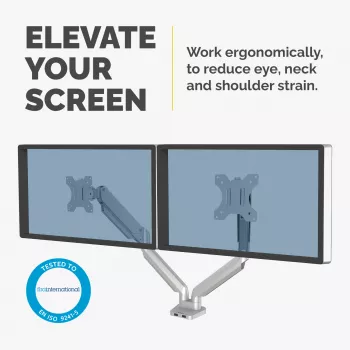 Fellowes Platinum Series Βραχίονας διπλής οθόνης - Βάση οθόνης για δύο οθόνες 8 kg 40 ιντσών - Ρυθμιζόμενη βάση διπλής οθόνης γραφείου - Κλίση 45° Περιστροφή 180ᵒ Περιστροφή 360ᵒ Περιστροφή 360ᵒ, VESA 75 x 75/100 x 100 - Ασημί