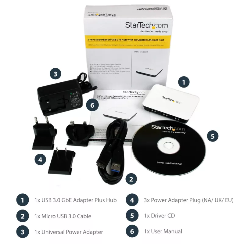 StarTech.com προσαρμογέας δικτύου USB 3.0 σε Gigabit Ethernet NIC με hub 3 θυρών - λευκό