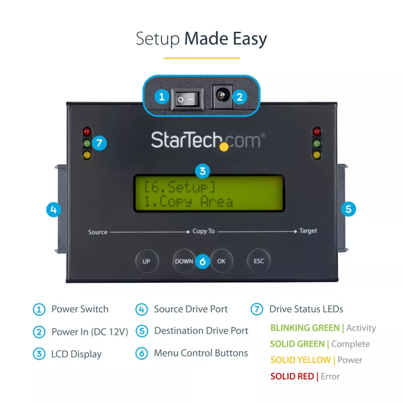 StarTech.com 1:1 Standalone αντιγραφέας σκληρών δίσκων με Disk Image Manager για backup και επαναφορά, αποθήκευση πολλαπλών disk images σε μονάδα 2,5/3,5 inch SATA, κλωνοποιητής HDD/SSD, δεν απαιτείται PC