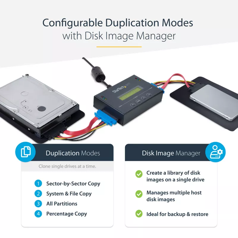 StarTech.com 1:1 Standalone αντιγραφέας σκληρών δίσκων με Disk Image Manager για backup και επαναφορά, αποθήκευση πολλαπλών disk images σε μονάδα 2,5/3,5 inch SATA, κλωνοποιητής HDD/SSD, δεν απαιτείται PC