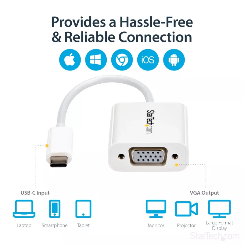 StarTech.com Προσαρμογέας USB-C σε VGA - Λευκό, 3.2 Gen 1 (3.1 Gen 1), USB Type-C, έξοδος VGA (D-Sub), 1920 x 1200 pixel