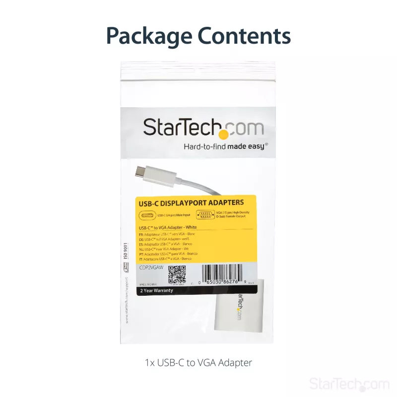 StarTech.com Προσαρμογέας USB-C σε VGA - Λευκό, 3.2 Gen 1 (3.1 Gen 1), USB Type-C, έξοδος VGA (D-Sub), 1920 x 1200 pixel