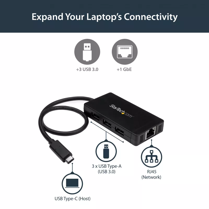 StarTech.com Hub USB 3.0 3 θυρών συν Gigabit Ethernet - USB-C - με τροφοδοτικό