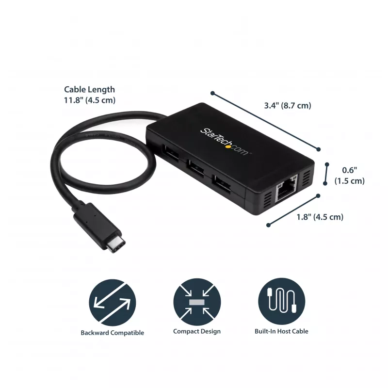 StarTech.com Hub USB 3.0 3 θυρών συν Gigabit Ethernet - USB-C - με τροφοδοτικό