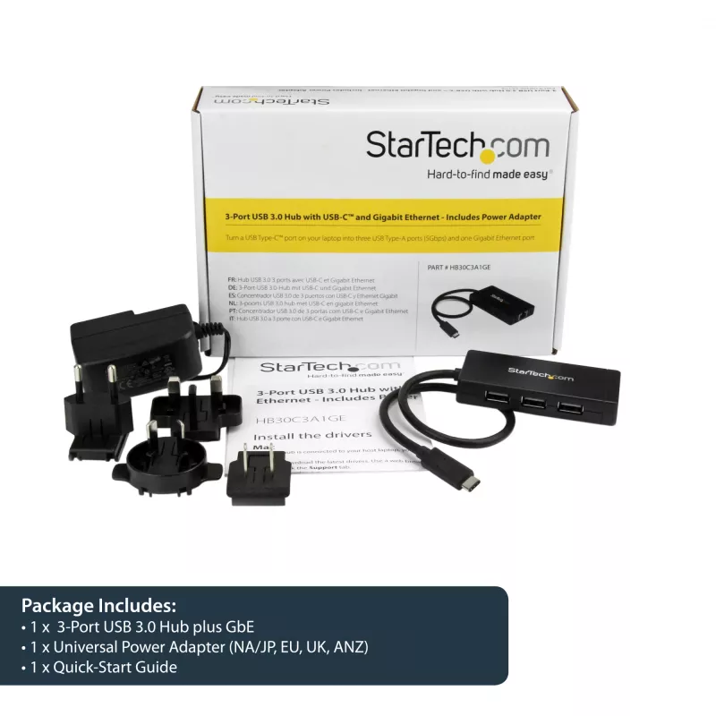 StarTech.com Hub USB 3.0 3 θυρών συν Gigabit Ethernet - USB-C - με τροφοδοτικό