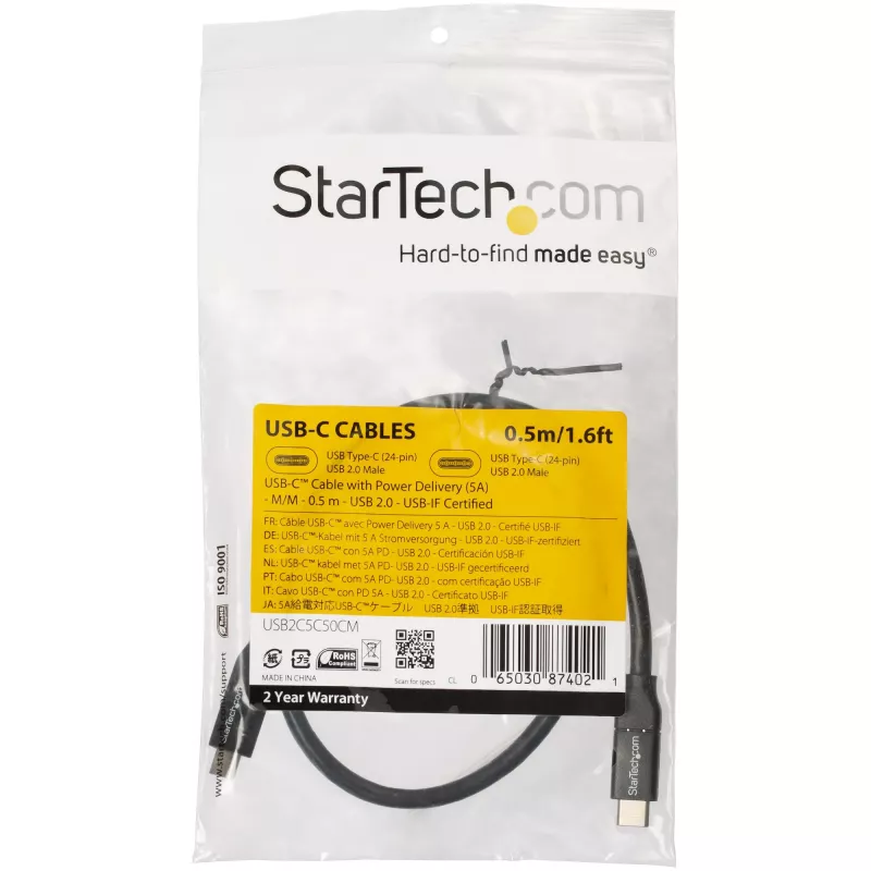 StarTech.com Καλώδιο USB-C σε USB-C με 5A PD - M/M - 0,5 m - USB 2.0 - Πιστοποιημένο USB-IF