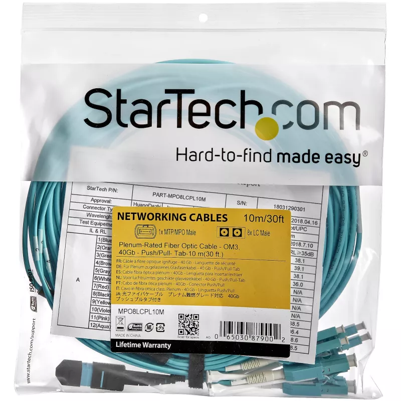 StarTech.com Καλώδιο οπτικής ίνας MTP(F)/PC σε 4x LC/PC Duplex Breakout OM3 Multimode 10m (30ft), OFNP Plenum, Δίκτυα 40G, χαμηλή απώλεια εισαγωγής - Καλώδιο jumper οπτικής ίνας
