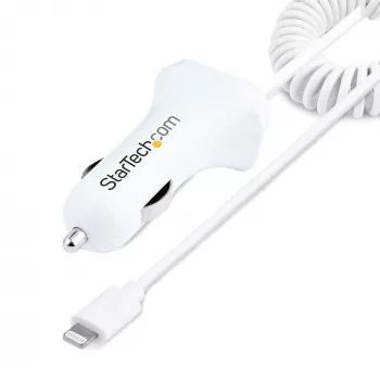 StarTech.com Φορτιστής αυτοκινήτου Lightning με σπιράλ καλώδιο, σπιράλ καλώδιο Lightning 1 m, 12 W, Λευκό, Προσαρμογέας φόρτισης αυτοκινήτου USB 2 θυρών για τηλέφωνα και tablet, Φορτιστής αυτοκινήτου iPhone διπλού USB