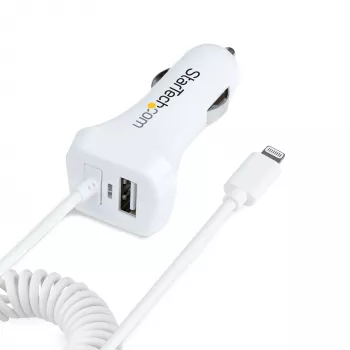 StarTech.com Φορτιστής αυτοκινήτου Lightning με σπιράλ καλώδιο, σπιράλ καλώδιο Lightning 1 m, 12 W, Λευκό, Προσαρμογέας φόρτισης αυτοκινήτου USB 2 θυρών για τηλέφωνα και tablet, Φορτιστής αυτοκινήτου iPhone διπλού USB