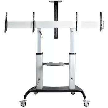 StarTech.com Διπλό καρότσι TV για τηλεοράσεις VESA 37-60 inch έως 110lb/50kg η καθεμία - Ρυθμιζόμενη βάση TV, κινητό καρότσι οθόνης με ράφια συσκευών - Καρότσι TV με τροχούς - Βάση TV με τροχούς