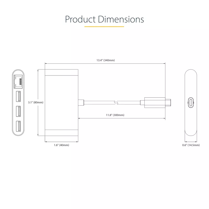 StarTech.com hub USB-C 3 θυρών με Ethernet - 3x USB-A - Gigabit Ethernet - USB 3.0 5Gbps - bus-powered - καλώδιο host USB Type-C 1ft/30cm - GbE - φορητό hub USB-C σε USB-A