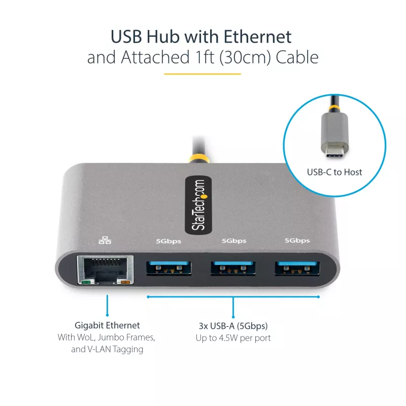 StarTech.com hub USB-C 3 θυρών με Ethernet - 3x USB-A - Gigabit Ethernet - USB 3.0 5Gbps - bus-powered - καλώδιο host USB Type-C 1ft/30cm - GbE - φορητό hub USB-C σε USB-A
