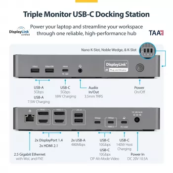StarTech.com Σταθμός σύνδεσης USB-C Triple-Monitor, σταθμός φόρτισης φορητού 140W για MacBook Pro και Windows, 4K 60Hz HDMI ή DisplayPort, TAA