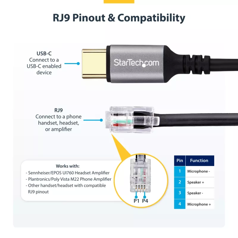 StarTech.com UR9-HEADSET-ADAPTER Προσαρμογέας καλωδίου USB-C RJ-9 μαύρο
