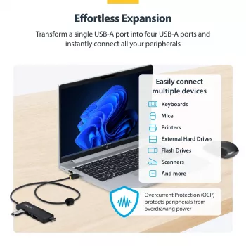 StarTech.com Hub USB-A 4 θυρών, 5 Gbit/s, τροφοδοσία από το bus, USB-A σε 4x USB-A Mini Hub, εξαιρετικά μακρύ καλώδιο host 61 cm, πλαστικό PCR, φορητό hub USB για desktop/laptop
