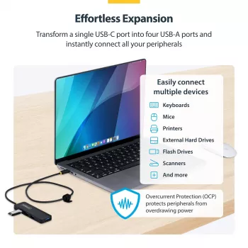StarTech.com Hub USB-C 4 θυρών, 5 Gbit/s, τροφοδοσία από το bus, USB-C σε 4x USB-A Mini Hub, εξαιρετικά μακρύ καλώδιο host 61 cm, πλαστικό PCR, φορητό hub USB για desktop/laptop