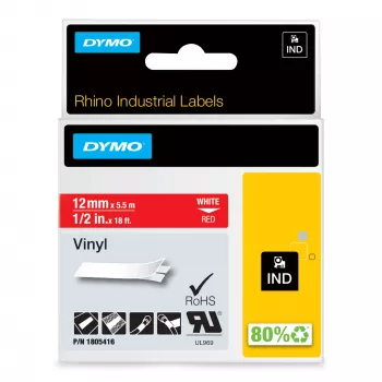 DYMO Rhino Βιομηχανικές ετικέτες βινυλίου | 12 mm x 5,5 m | Λευκή εκτύπωση σε κόκκινο | Αυτοκόλλητες | για εκτυπωτές ετικετών LabelManager & Rhino