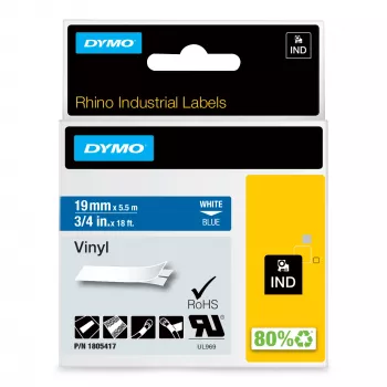 DYMO Rhino Βιομηχανικές ετικέτες βινυλίου | 19 mm x 5,5 m | Λευκή εκτύπωση σε μπλε | Αυτοκόλλητες | για εκτυπωτές ετικετών LabelManager & Rhino