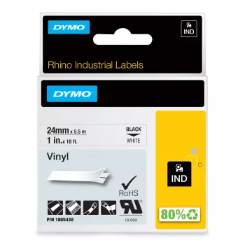 DYMO Rhino Βιομηχανικές ετικέτες βινυλίου | 24 mm x 5,5 m | Μαύρη εκτύπωση σε λευκό | Αυτοκόλλητες | για εκτυπωτές ετικετών LabelManager & Rhino