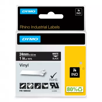 DYMO Rhino Βιομηχανικές ετικέτες βινυλίου | 24 mm x 5,5 m | Λευκή εκτύπωση σε μαύρο | Αυτοκόλλητες | για εκτυπωτές ετικετών LabelManager & Rhino