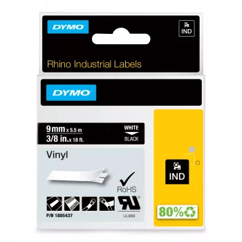 DYMO Rhino Βιομηχανικές ετικέτες βινυλίου | 9 mm x 5,5 m | Λευκή εκτύπωση σε μαύρο | Αυτοκόλλητες | για εκτυπωτές ετικετών LabelManager & Rhino