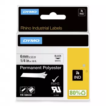 DYMO Rhino Βιομηχανικές μόνιμες ετικέτες πολυεστέρα | 6 mm x 5,5 m | Μαύρη εκτύπωση σε λευκό | Αυτοκόλλητες | για εκτυπωτές ετικετών Rhino & LabelManager