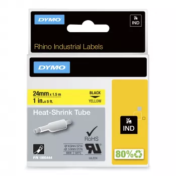DYMO Rhino Βιομηχανικοί σωλήνες ετικετών καλωδίων θερμοσυρρίκνωσης | 24 mm x 1,5 m | Μαύρη εκτύπωση σε κίτρινο | για εκτυπωτές ετικετών Rhino