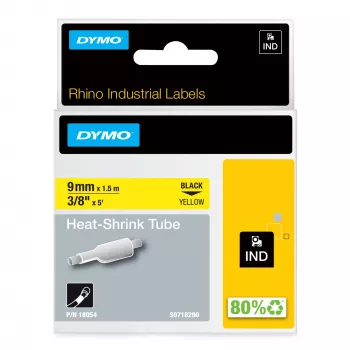 DYMO Rhino Βιομηχανικές Θερμοσυστελλόμενες Ετικέτες Καλωδίων | 9 mm x 1,5 m | Μαύρο σε κίτρινο | για εκτυπωτές ετικετών Rhino