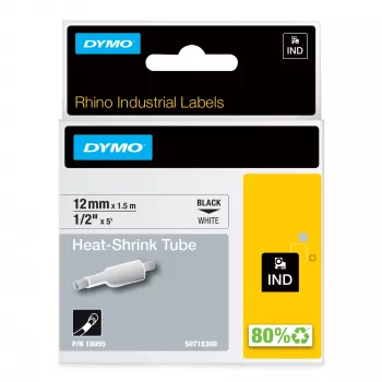 DYMO Rhino Βιομηχανικοί Θερμοσυστελλόμενοι Σωλήνες Ετικετών Καλωδίων | 12 mm x 1,5 m | Μαύρη εκτύπωση σε λευκό | για εκτυπωτές ετικετών Rhino