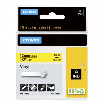 DYMO Rhino Βιομηχανικές Βινυλικές Ετικέτες | 12 mm x 5,5 m | Μαύρη εκτύπωση σε κίτρινο | Αυτοκόλλητες | για εκτυπωτές ετικετών Rhino & LabelManager