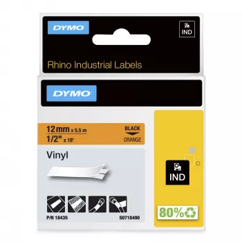 DYMO Rhino Βιομηχανικές Βινυλικές Ετικέτες | 12 mm x 5,5 m | Μαύρη εκτύπωση σε πορτοκαλί | Αυτοκόλλητες | για εκτυπωτές ετικετών Rhino & LabelManager