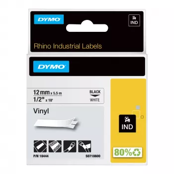 DYMO Rhino Βιομηχανικές Βινυλικές Ετικέτες | 12 mm x 5,5 m | Μαύρη εκτύπωση σε λευκό | Αυτοκόλλητες | για εκτυπωτές ετικετών Rhino & LabelManager