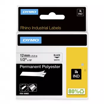 DYMO Rhino Βιομηχανικές Μόνιμες Πολυεστερικές Ετικέτες | 12 mm x 5,5 m | Μαύρη εκτύπωση σε λευκό | Αυτοκόλλητες | για εκτυπωτές ετικετών Rhino & LabelManager