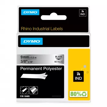 DYMO Rhino Βιομηχανικές Μόνιμες Πολυεστερικές Ετικέτες | 9 mm x 5,5 m | Μαύρη εκτύπωση σε μεταλλικό | Αυτοκόλλητες | για εκτυπωτές ετικετών Rhino & LabelManager