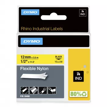 DYMO Rhino Βιομηχανικές Εύκαμπτες Νάιλον Ετικέτες | 12 mm x 3,5 m | Μαύρη εκτύπωση σε κίτρινο | Αυτοκόλλητες | για εκτυπωτές ετικετών Rhino & LabelManager