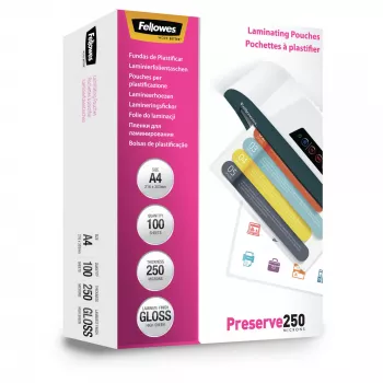 Fellowes A4 Glossy 250 Micron φύλλα πλαστικοποίησης – συσκευασία 100 τεμ., γυαλιστερό, διαφανές, A4, 0,25 mm, 210 mm, 1 mm