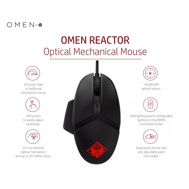 Ποντίκι HP OMEN by Reactor, δεξιόχειρας, οπτικό, USB Type-A, 16000 DPI, 0,2 ms, μαύρο