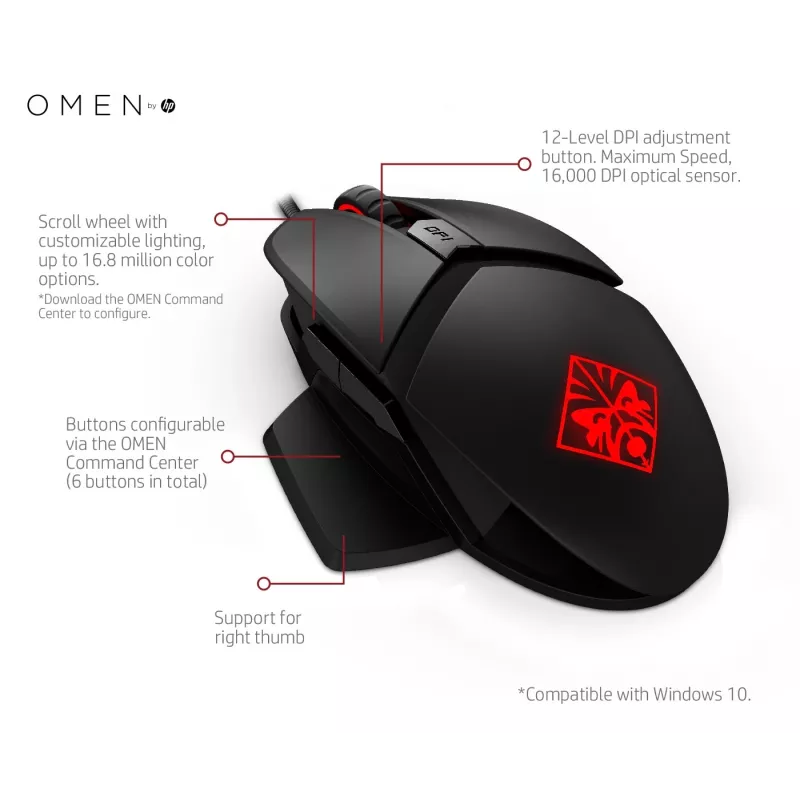 Ποντίκι HP OMEN by Reactor, δεξιόχειρας, οπτικό, USB Type-A, 16000 DPI, 0,2 ms, μαύρο