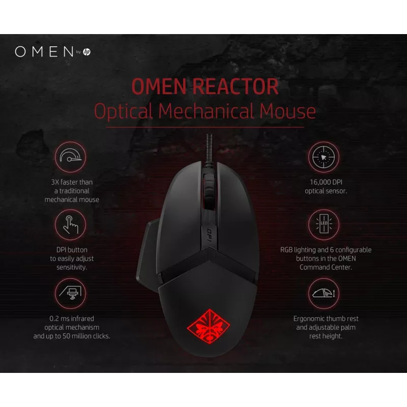 Ποντίκι HP OMEN by Reactor, δεξιόχειρας, οπτικό, USB Type-A, 16000 DPI, 0,2 ms, μαύρο