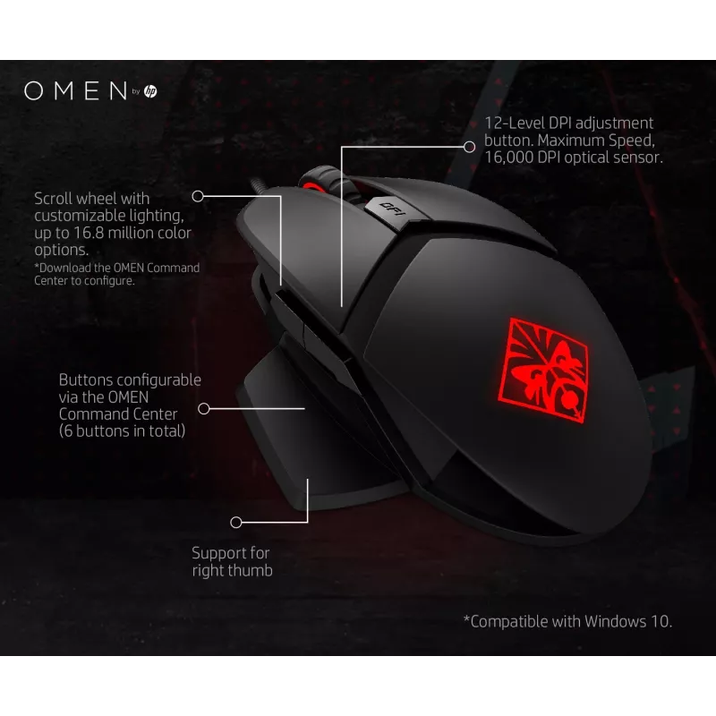 Ποντίκι HP OMEN by Reactor, δεξιόχειρας, οπτικό, USB Type-A, 16000 DPI, 0,2 ms, μαύρο