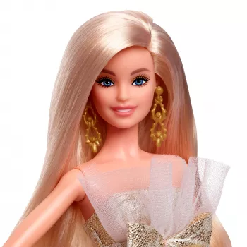 Barbie Signature 2025 Holiday Fashion κούκλα, εποχιακή συλλεκτική κούκλα, ξανθιά με ασημί και χρυσό φόρεμα