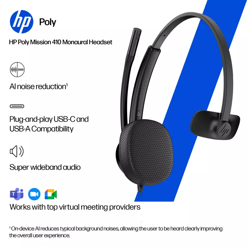 HP Poly Mission 415 Μονοφωνικό Ενσύρματο USB Headset (Bulk), 99 g, μαύρο