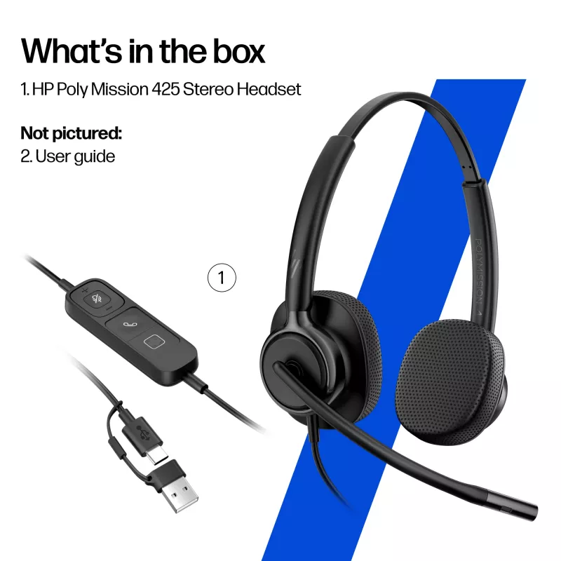 Ενσύρματο Στερεοφωνικό Headset HP POLY Mission 425 Classic, σύνδεση USB, 126 g